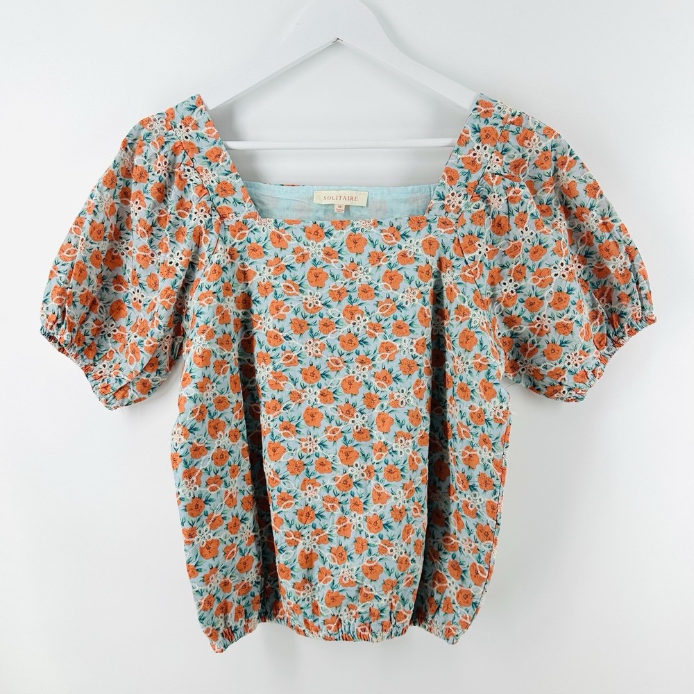 Solitaire Orange Turquoise Embroidered Boho Top Sz M‎ Floral Puff Sleeves DD09